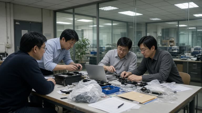 Glass-walled meeting room inside a Taipei industrial park with engineers reviewing component samples on a table under fluorescent office light, laptops open, no logos or readable text