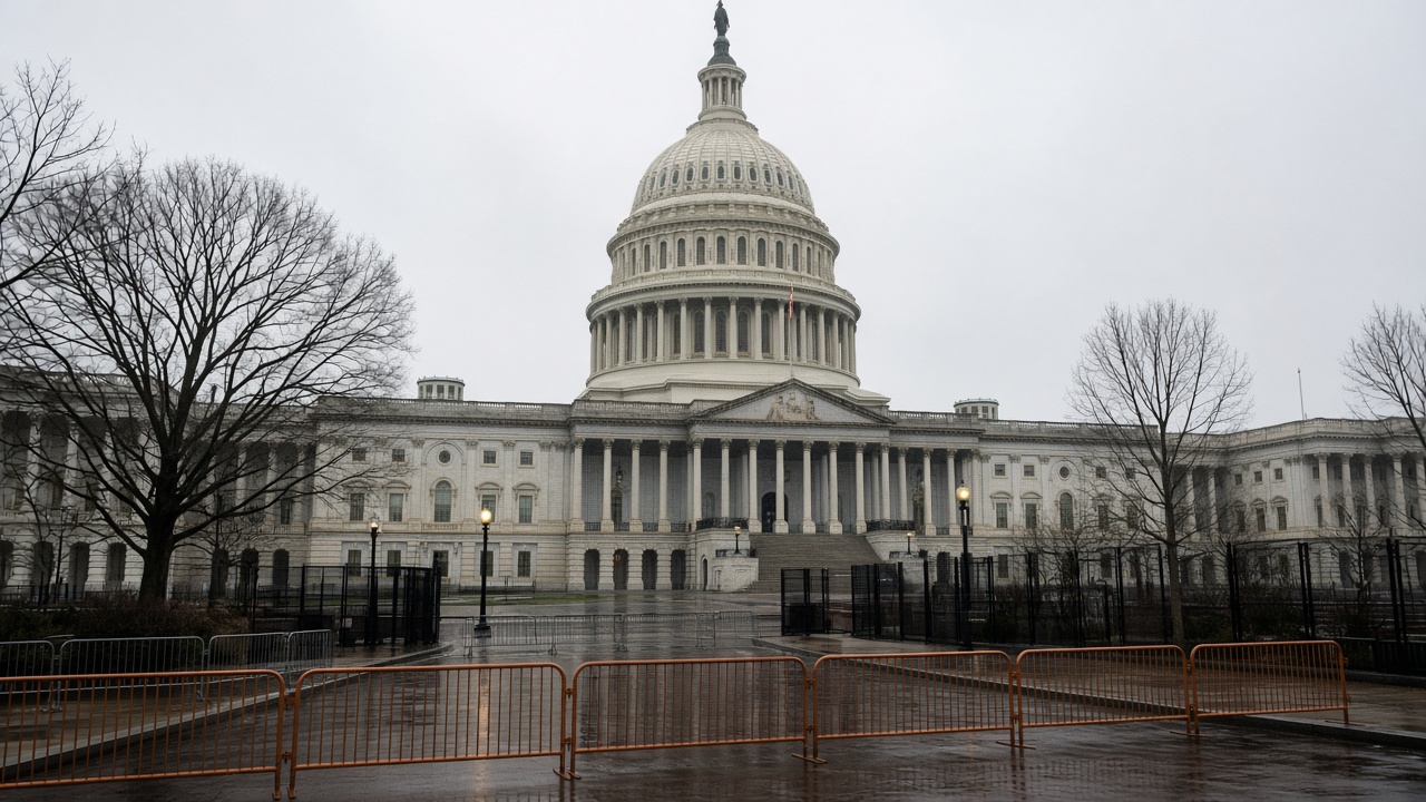 East front of the U.S. Capitol on an overcast morning with tourist barricades and wet pavement, bare trees, no logos or readable text