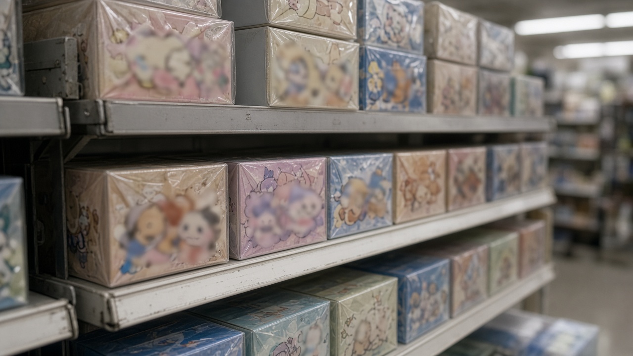 Japanese convenience store shelf with wrapped character merchandise boxes stacked neatly, fluorescent store lighting, packaging art blurred, no logos or readable text
