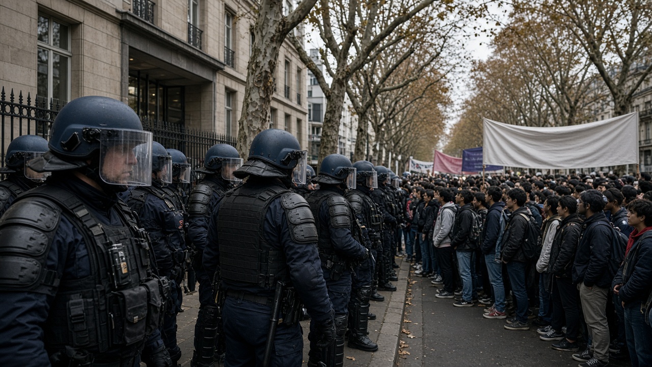 Riot police in protective gear face a crowd of high school students outside a Paris lycée during a nationwide education protest, with banners visible along a tree-lined street.