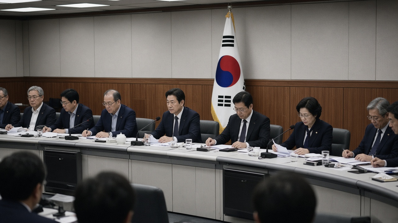 National Assembly committee room in Seoul with lawmakers seated at a long table and a South Korean flag on the wall