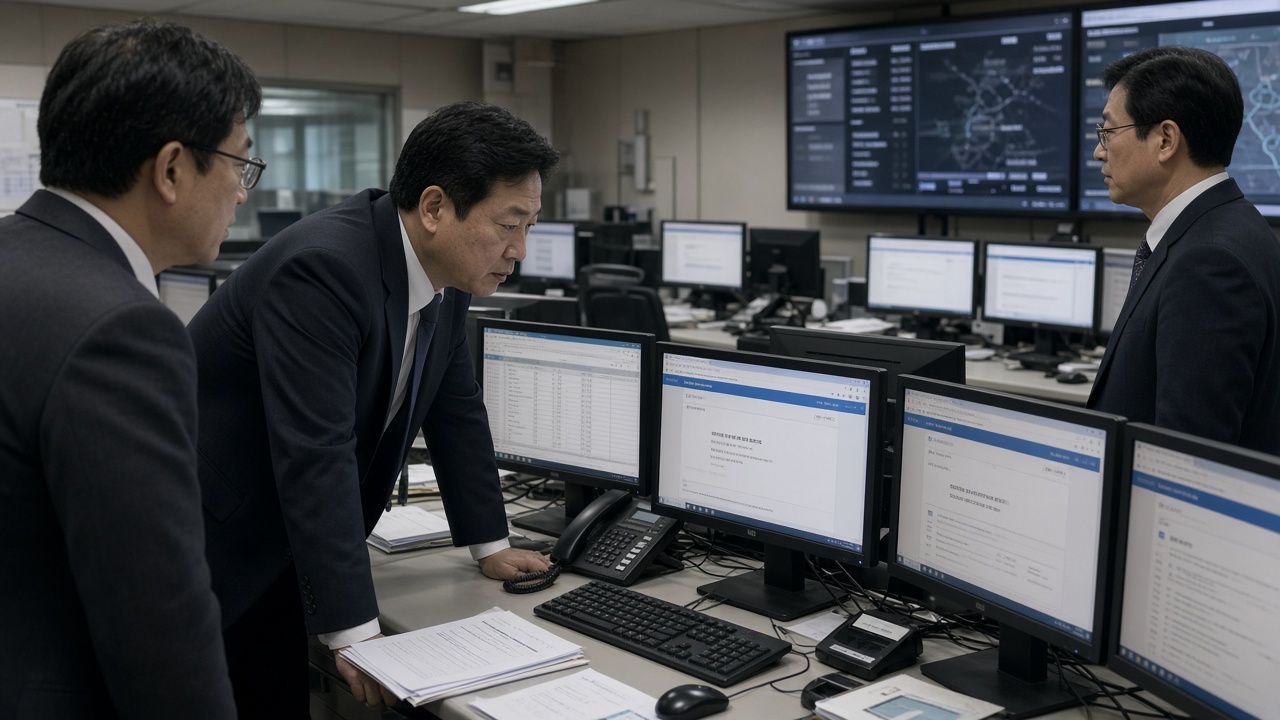 South Korean investigators in a Seoul operations room reviewing multiple monitors showing blocked overseas gambling websites