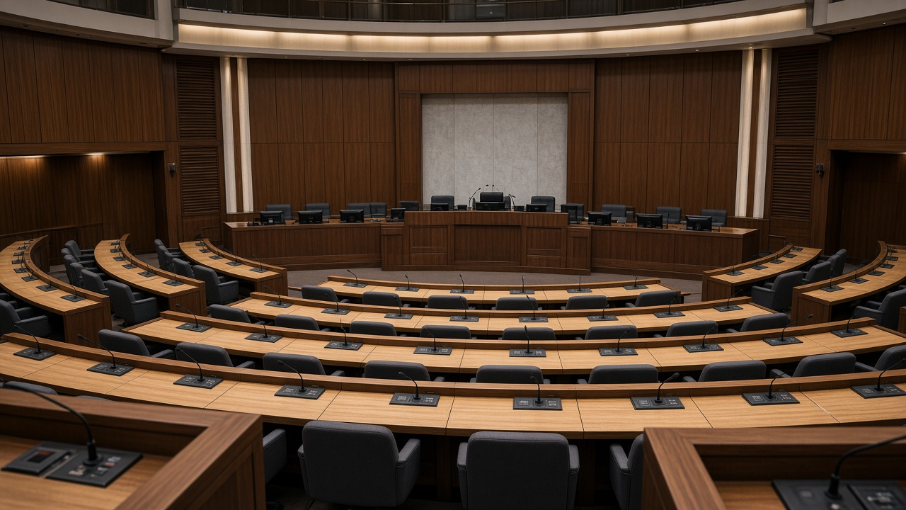Taiwan legislative chamber viewed from gallery seats with empty desks and microphones, wood paneling and ceiling lights, no people, no logos or readable text