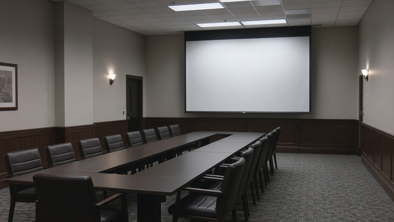 A long narrow government briefing room with projection screen lowered, empty chairs along a central table, muted carpet, no logos or readable text