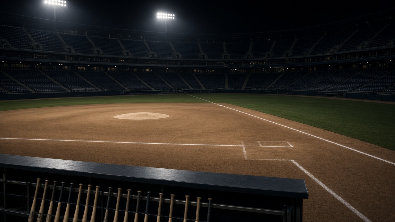 Jamsil baseball stadium at night under floodlights, infield dirt and chalk lines, empty dugout with bats in rack, outfield seats fading into darkness, no readable signage or player faces.