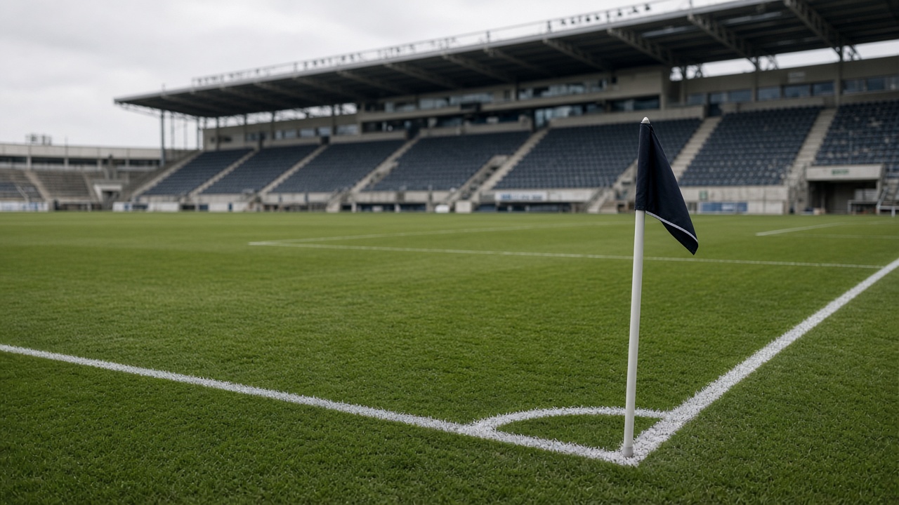 Football pitch corner at a large stadium with empty green turf and stands blurred in background, overcast sky, no logos or readable text.