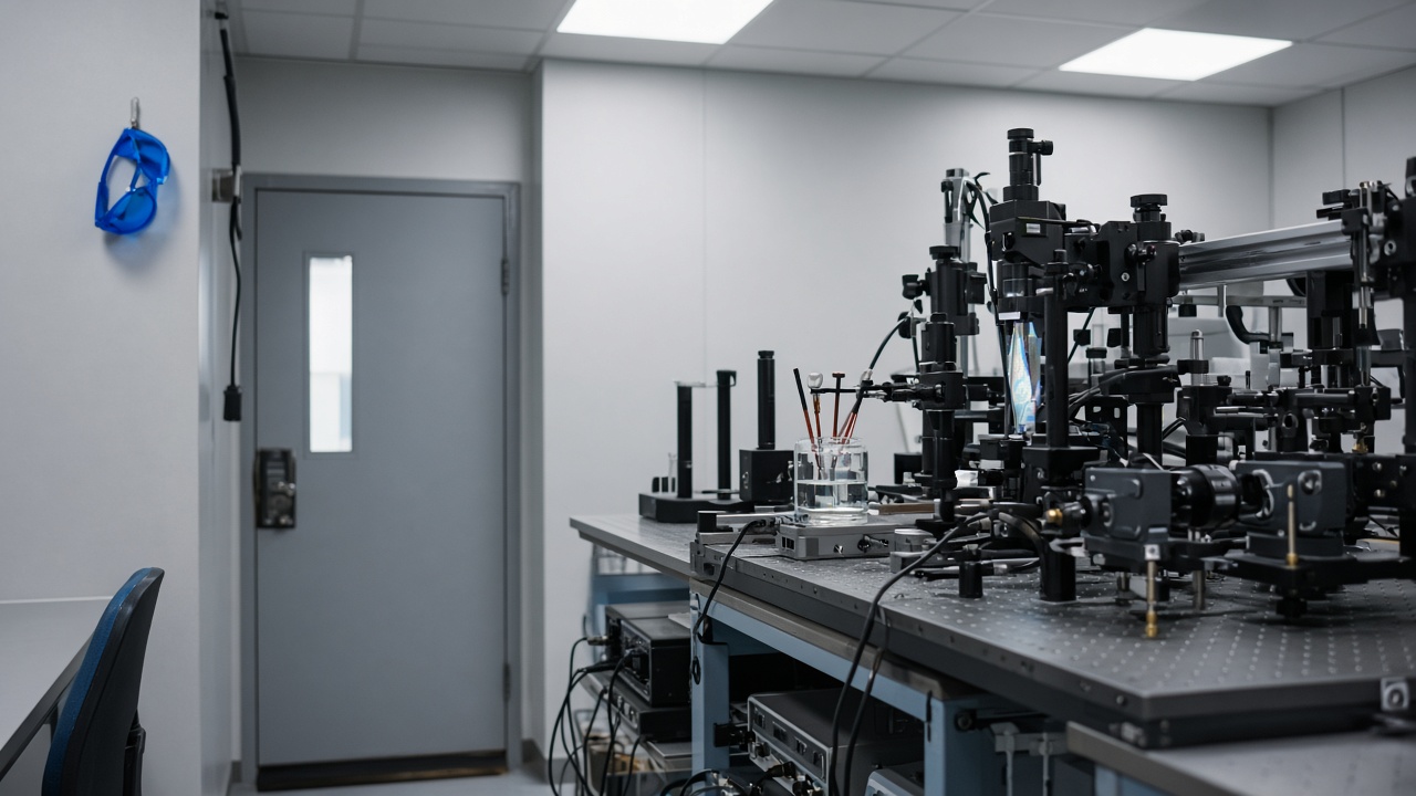 Ultrafast laser spectroscopy rig in a university clean lab with electrochemical cell on bench, blue safety goggles hanging on wall, diffuse ceiling panels, no logos or readable text