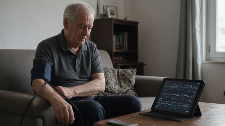 Older patient on a sofa with a blood pressure cuff on one arm and a tablet on a coffee table showing vital signs graphs, daylight from a window, no logos or readable text.