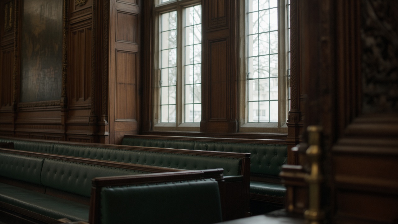 Interior of a committee corridor in the Palace of Westminster, wood panelling and green benches out of focus, no portraits or readable names