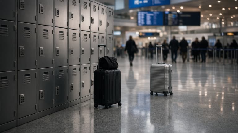 Incheon airport departure hall with a row of metal storage lockers and rolling suitcases, travelers silhouetted at a distance, polished floor reflections, signage blurred and unreadable, no logos.