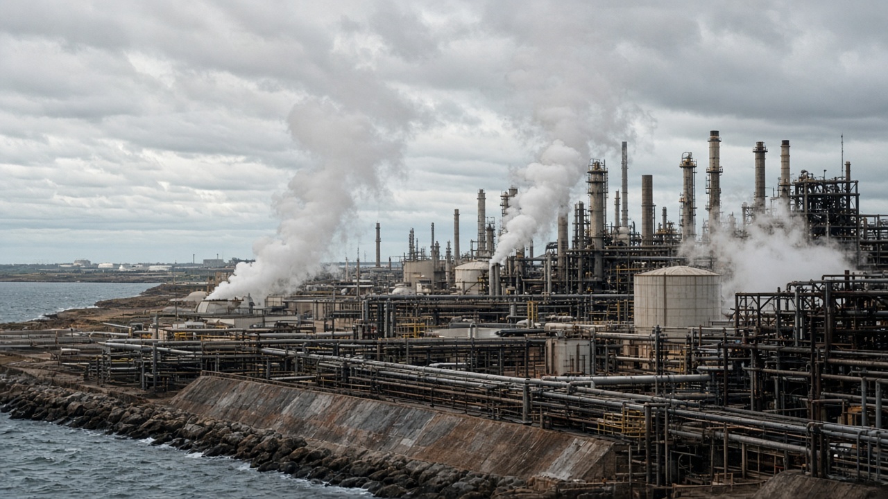 Industrial petrochemical complex with steam plumes and pipe racks under overcast sky at a coastal refinery, weathered steel, no logos or readable text