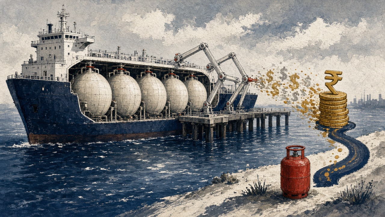 Editorial cutaway of an LPG import jetty with a tanker, dollar quotes, and a rupee price stack feeding a domestic cylinder