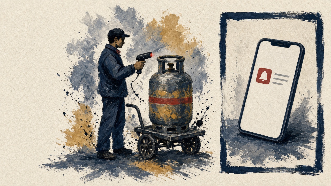 Editorial illustration of a distributor scanning a cylinder delivery while a separate panel shows a bank credit notification