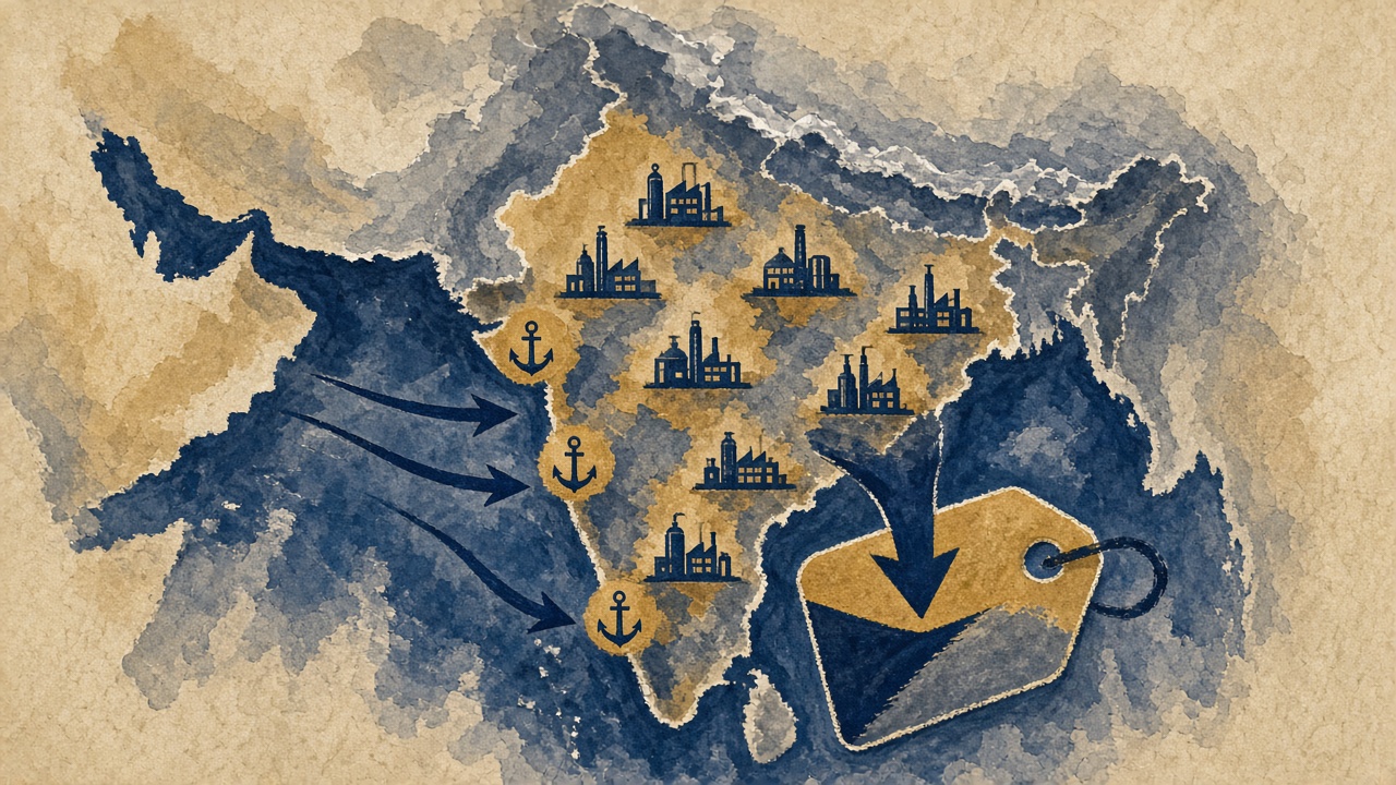 Editorial map of India showing import arrows from the Gulf and bottling plants inland feeding the same price formula