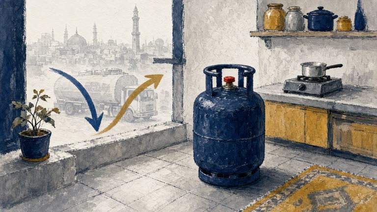 Editorial gouache scene of a blue domestic LPG cylinder in a Delhi kitchen, with faint ghost of an LPG tanker and dollar-to-rupee arrows in the background