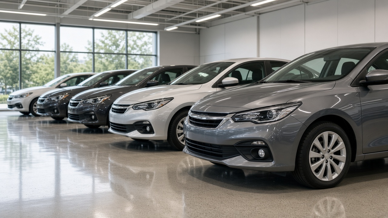 Row of new compact cars in a brightly lit showroom with price tags turned away from camera, polished floor reflections, no brand logos or readable text