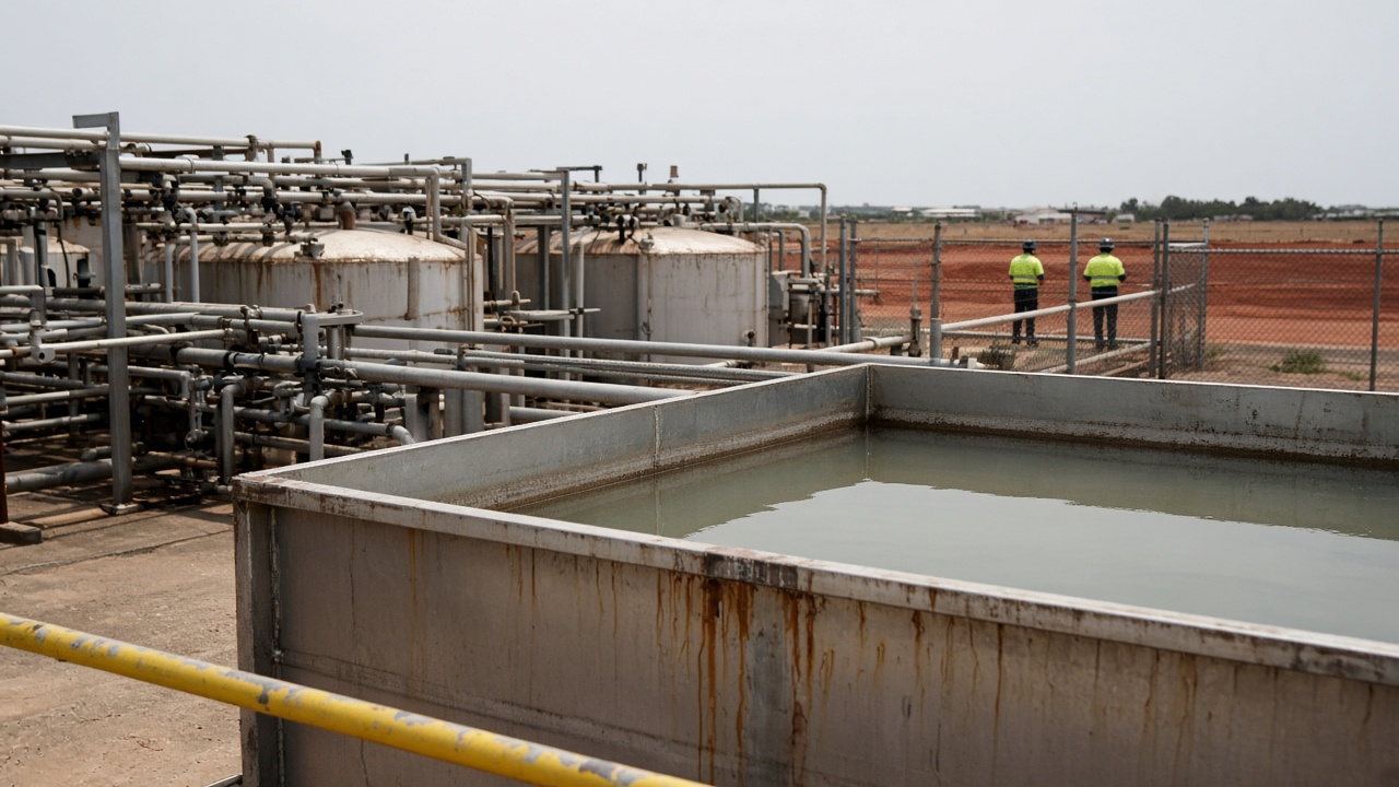 Industrial rare-earth processing tanks and pipe racks at an Australian refinery under flat midday sun, red dirt visible beyond the fence line, workers in hi-vis at a distance with backs turned, no logos or readable text