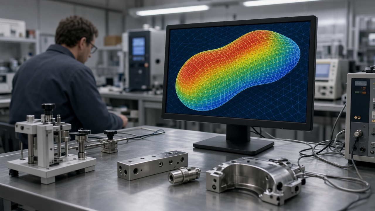 Medical device engineering lab with monitor showing colourful simulation mesh, stainless workbench, fluorescent lighting, no readable text on screens