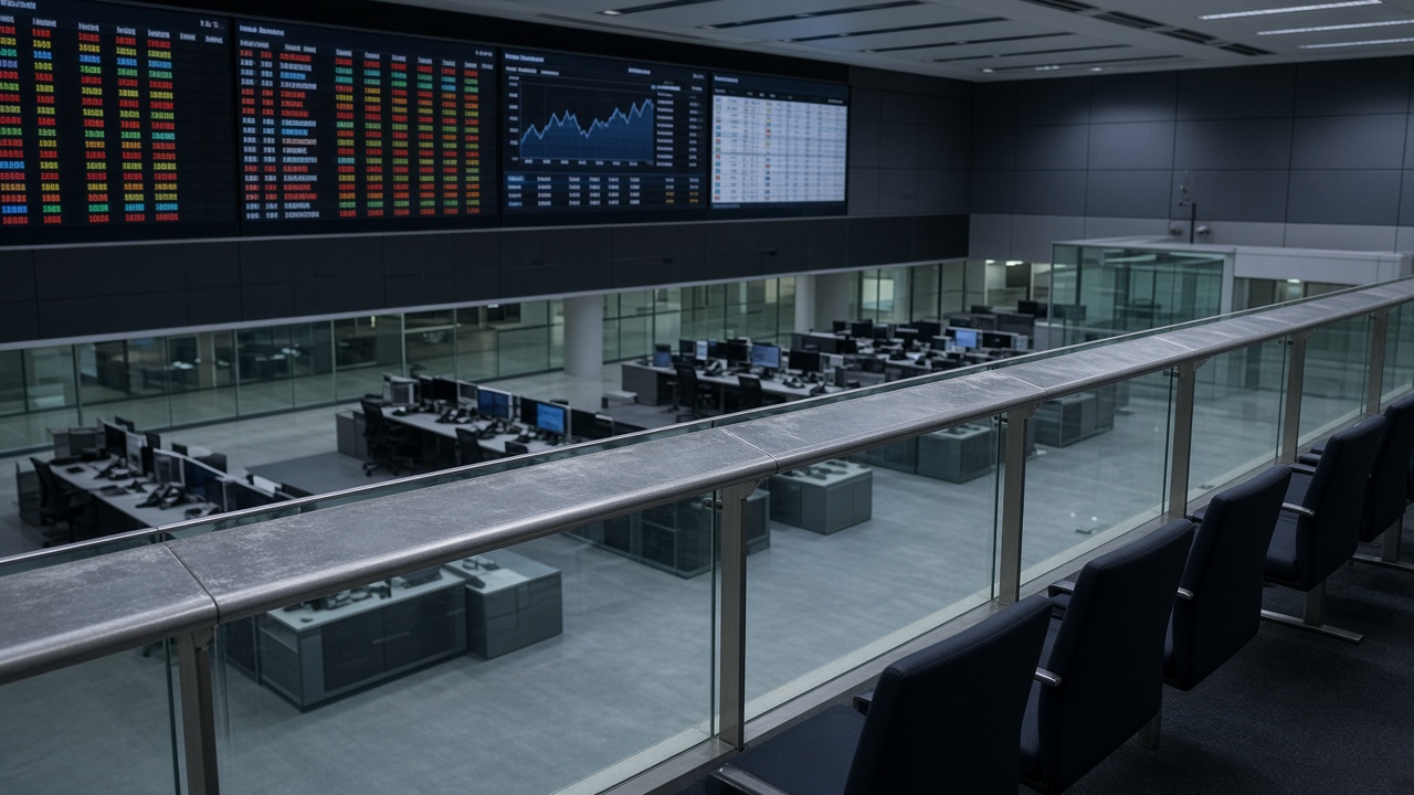 Singapore exchange trading floor viewing gallery with electronic price boards and empty visitor rail, cool indoor lighting, no logos or readable text