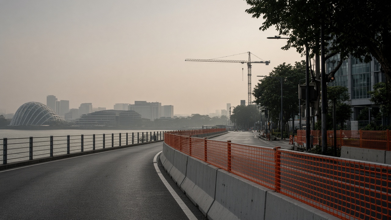 Concrete safety barriers and orange mesh lining a Singapore waterfront road, crane in the distance, evening humidity haze, no sponsor logos or readable text