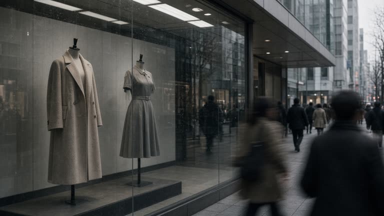 Clothing mannequins behind a glass department store facade on an overcast Tokyo shopping street, pedestrians as blurred silhouettes, no logos or readable text
