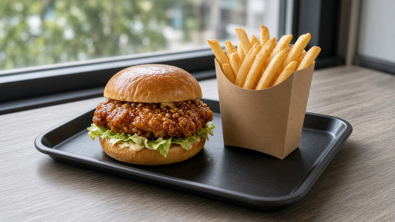 Fast food tray with a glazed chicken burger and fries on a laminate table near a window, soft daylight, packaging without readable logos or text