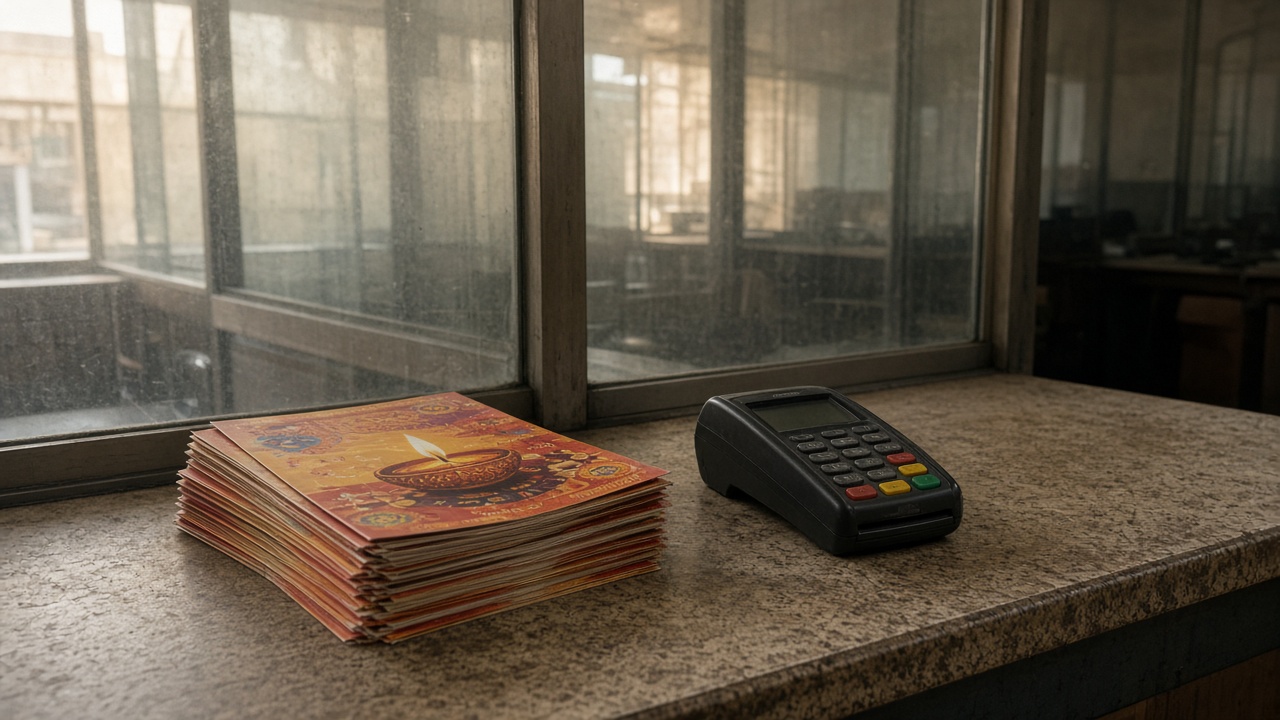 A bank branch counter with stacked Diwali festival brochures and a card payment terminal, afternoon light through dusty glass, worn laminate counter, no logos or readable text