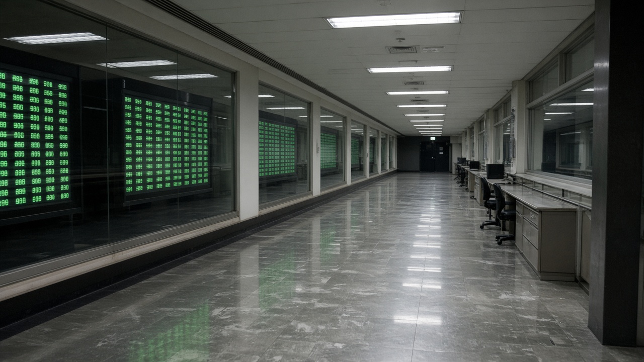 Taipei exchange trading floor corridor with electronic quote boards showing green numbers reflected on polished floor tiles under fluorescent light, no logos or readable text