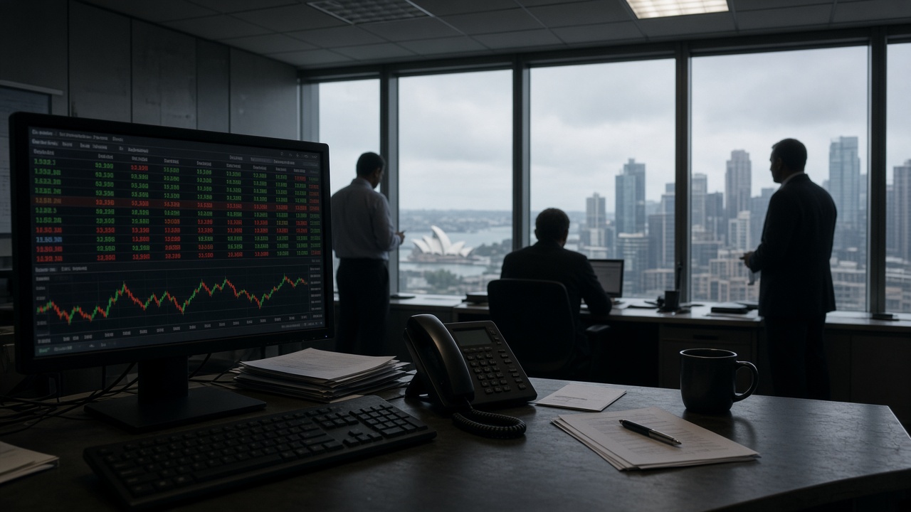 The ASX market data screen inside a Sydney brokerage office showing green and red ticker lines, traders silhouetted against floor-to-ceiling windows on an overcast afternoon, no readable text on screens