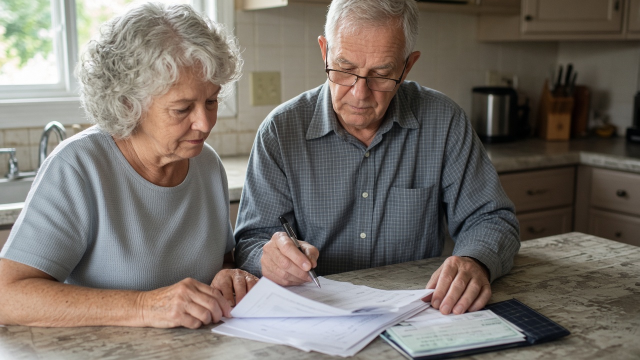 Senior couple at kitchen counter reviewing insurance papers beside a checkbook, soft morning light, no readable text on documents