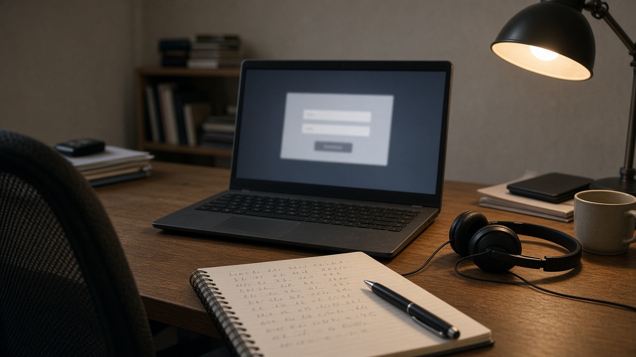Home-office desk with a laptop showing a blurred login form, cheap headset and notepad with handwritten numbers, warm desk lamp, no logos or readable text
