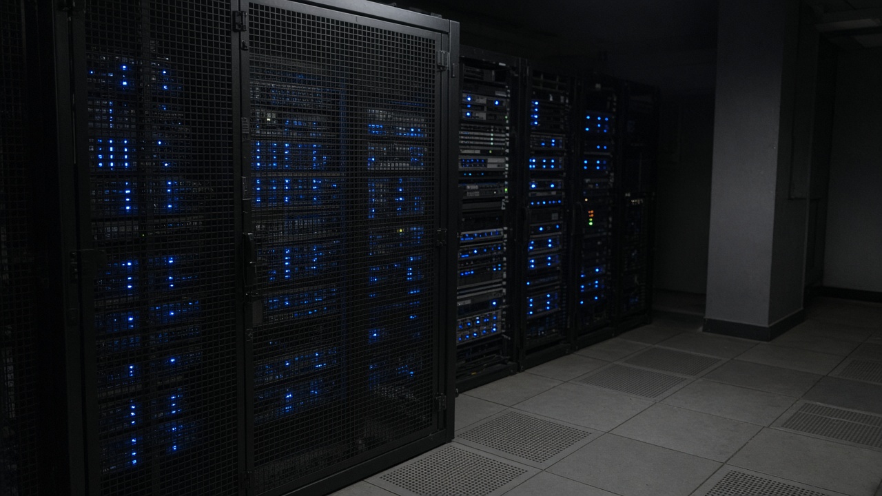 Row of server racks behind a mesh security cage in a dimly lit data hall, blue status LEDs, raised floor tiles, no logos or readable text