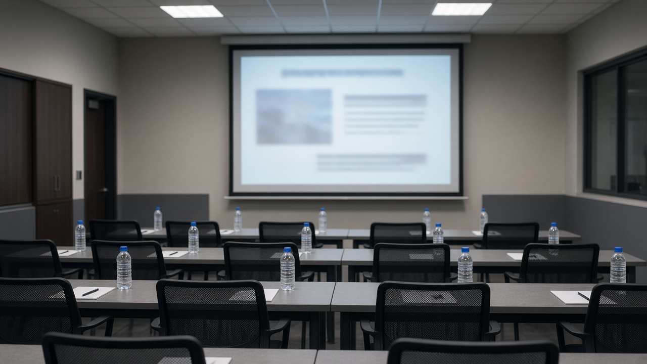 A government training room with rows of chairs facing a projector screen showing a blurred slide, water bottles on tables, flat fluorescent lighting, no logos or readable text