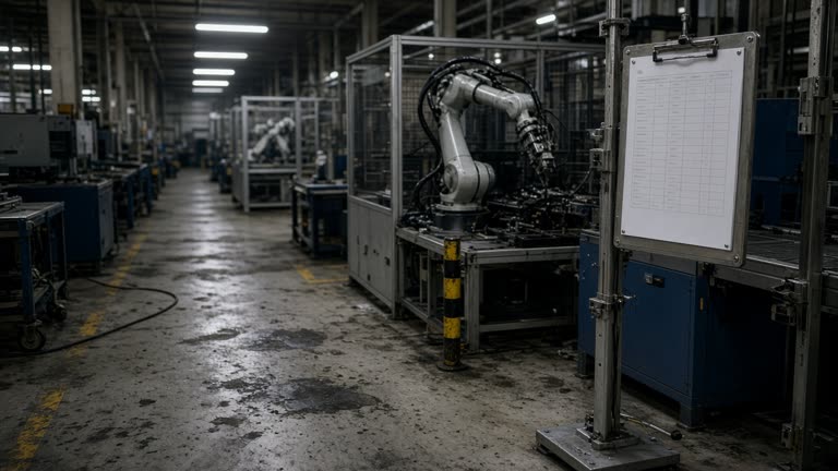 An automotive parts plant aisle with collaborative robots and a clipboard safety checklist on a metal stand, cool fluorescent light, oil stains on concrete, no logos or readable text
