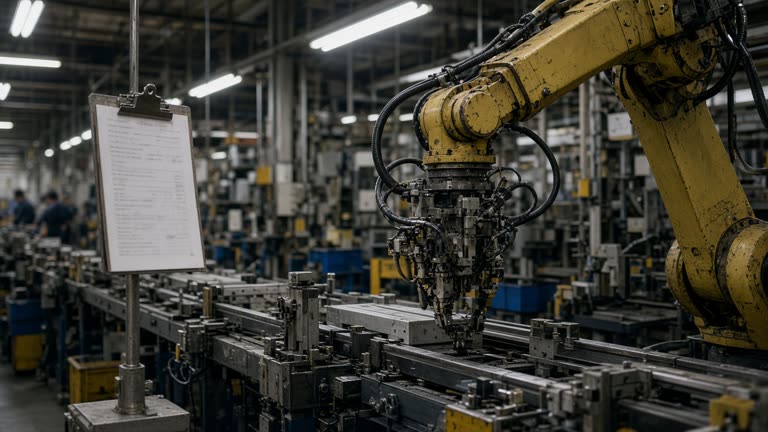 Factory assembly line with a robotic arm and clipboard on a metal stand under overhead fluorescents, no logos or readable text