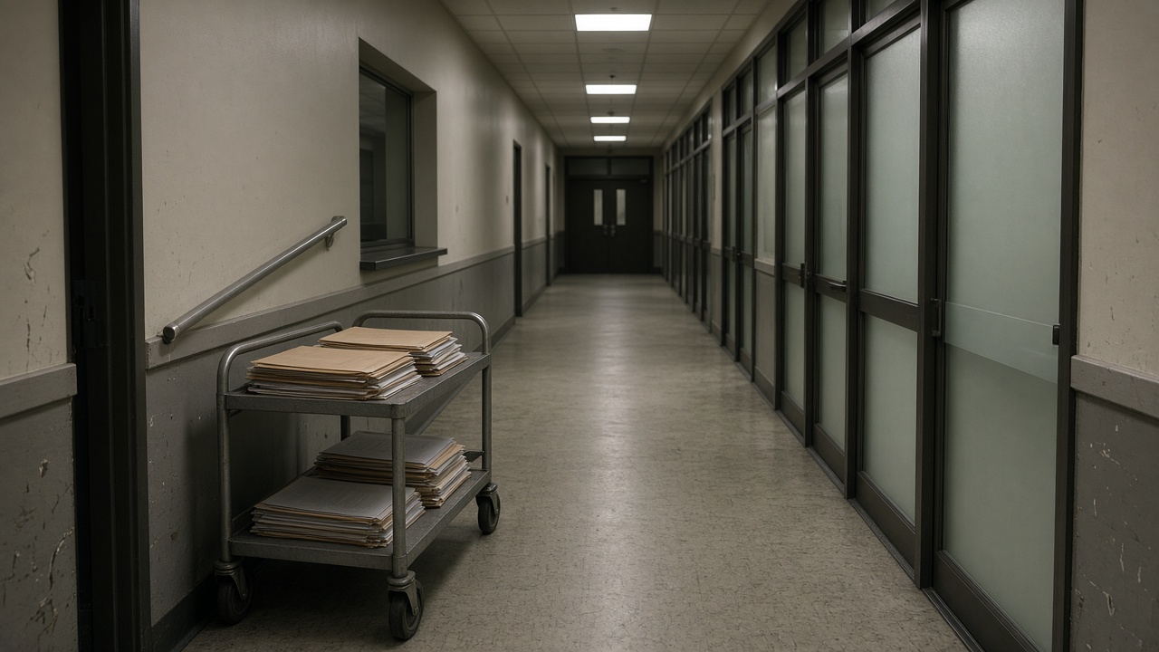 Government office corridor with frosted glass doors and fluorescent ceiling panels, empty except for a rolling cart of paper files, no logos or readable text