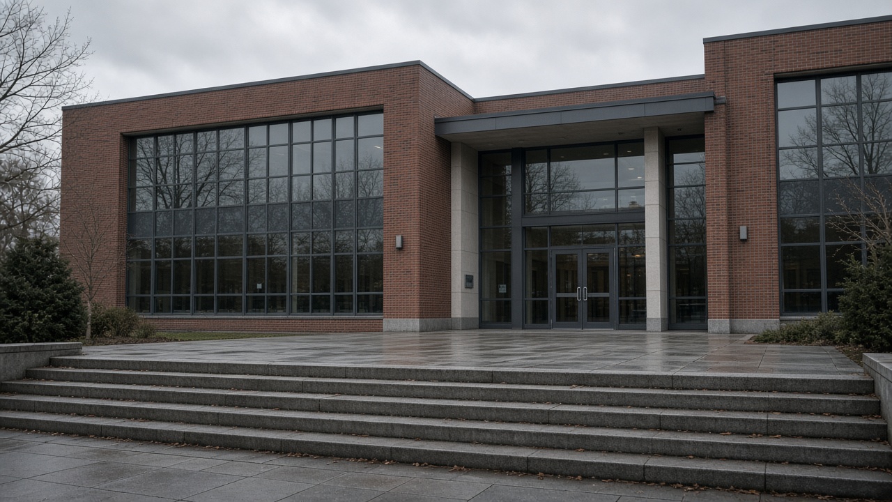 Brick and glass university administration building with empty stone steps, overcast daylight, campus trees, no logos or readable text