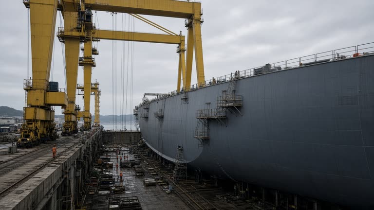 Mitsubishi Heavy Industries Nagasaki shipyard dry dock with a gray hull section and yellow gantry cranes under overcast coastal light, workers in distant orange vests, no logos or readable text