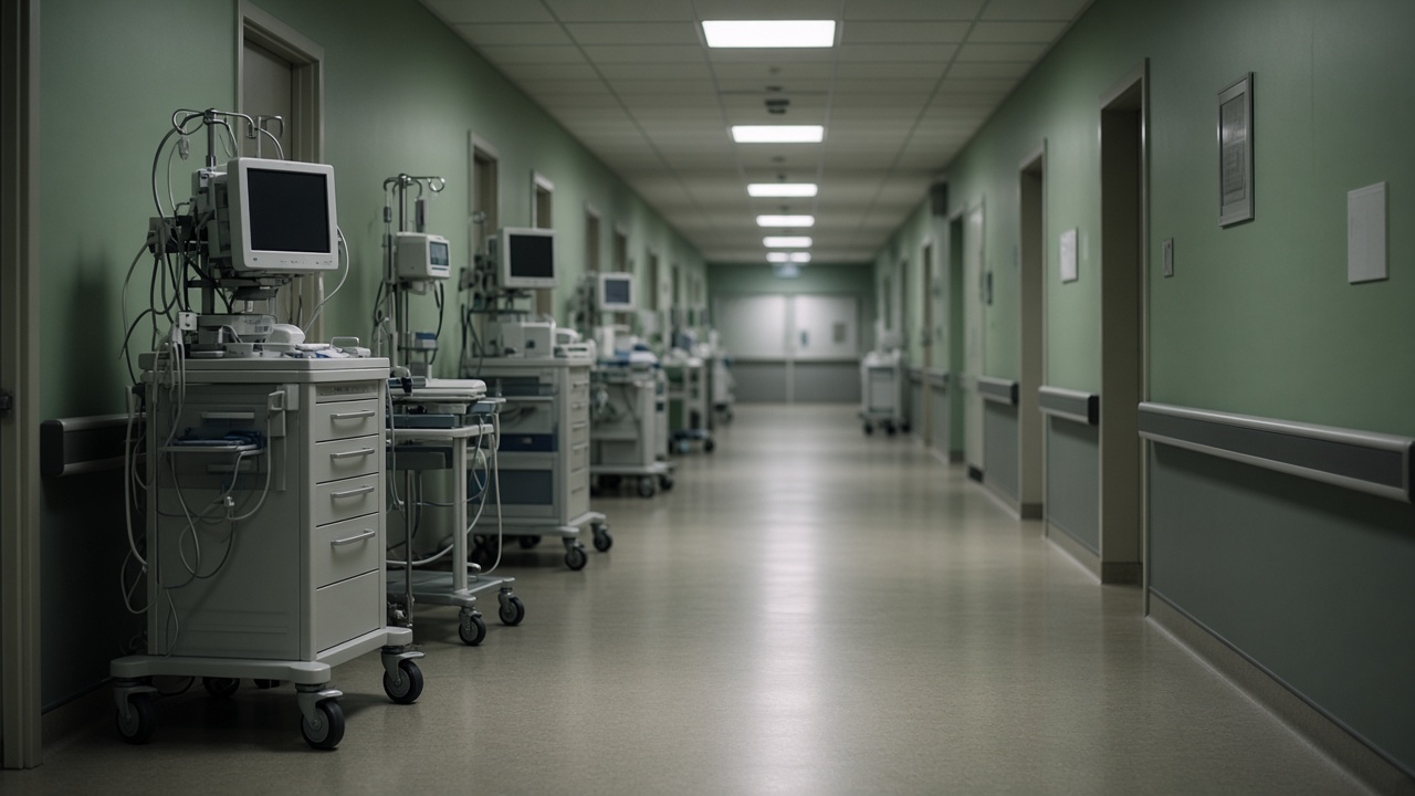 Hospital corridor with medical equipment carts and muted green walls, fluorescent ceiling panels, empty of patients, shallow depth of field, no readable signage or logos