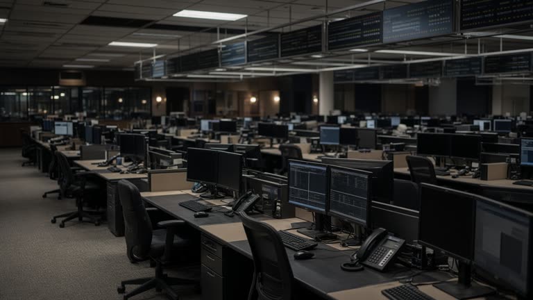 National Stock Exchange dealing floor with rows of dark broker workstations and overhead ticker displays, after-hours dim lighting, no readable text or logos