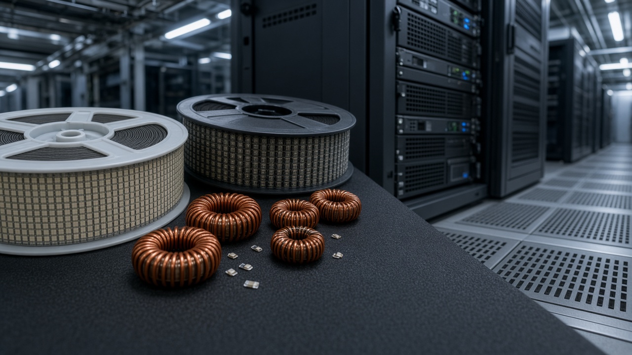 Close view of MLCC component reels and copper inductor coils on an anti-static mat beside an open server rack aisle, datacenter cold aisle lighting, no logos or readable text.