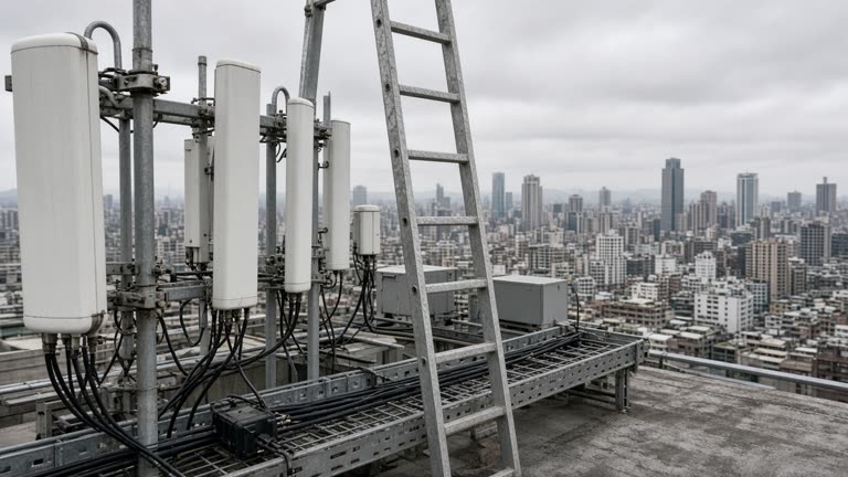 Rooftop cellular antenna array against overcast Taipei skyline, maintenance ladder and cable trays, no logos or readable text