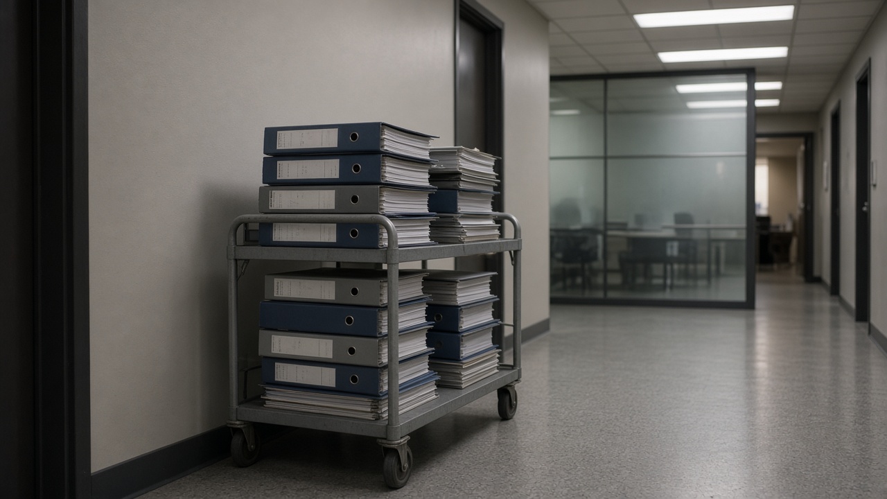 Government office corridor with stacked procurement binders on a metal cart, frosted glass meeting room, cool ceiling panels, no readable document titles or agency logos