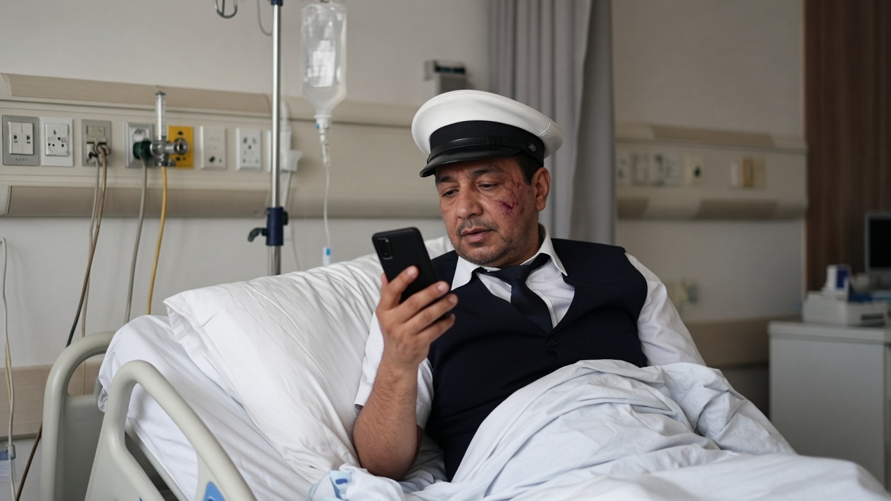 A hospital room in Abu Dhabi where an injured airline captain sits upright in bed speaking into a phone on a video call