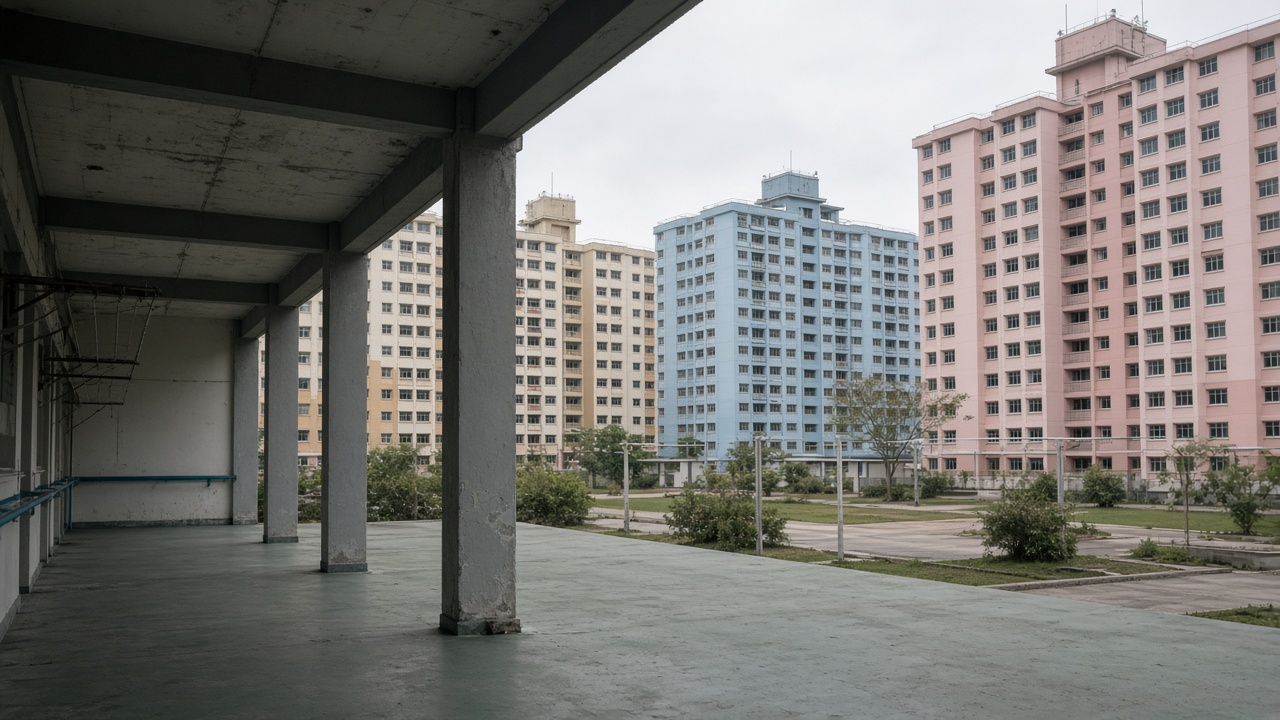 Rows of pastel HDB blocks in a heartland estate under overcast morning light, void deck pillars and laundry poles visible, no people in frame, no logos or readable text