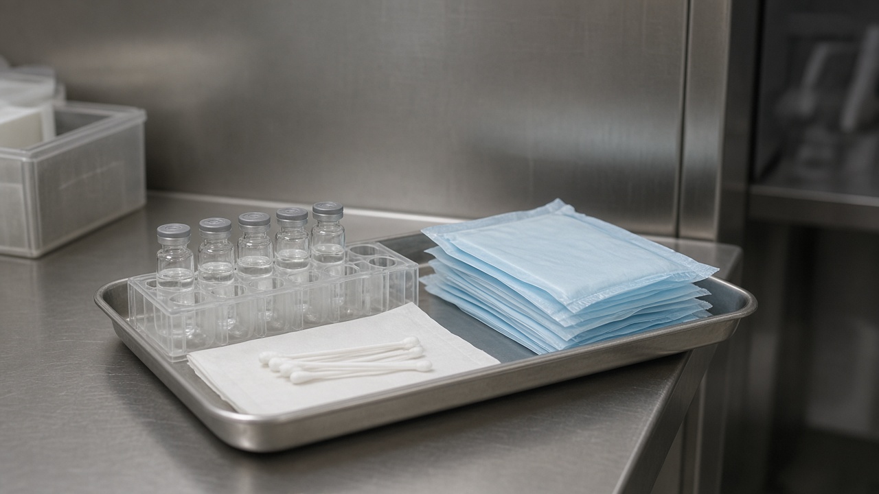 Nurse preparation tray with sealed vaccine vials and cotton swabs on stainless counter, no patient faces or readable labels