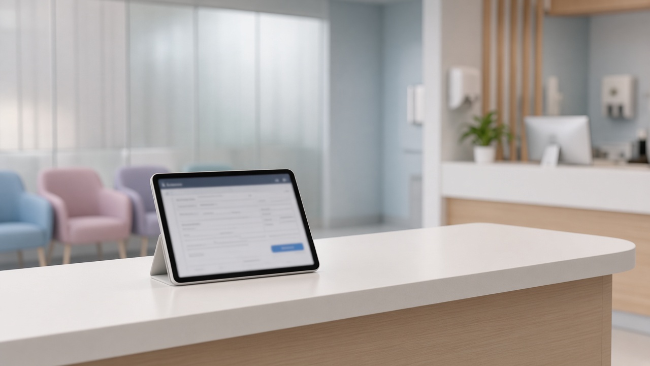 A hospital reception desk with a tablet on a stand showing a blurred form interface, pastel waiting chairs, soft daylight through frosted glass, no readable text or logos.