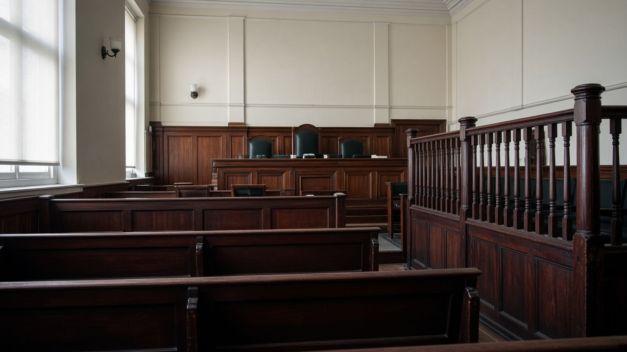 Empty Crown Court courtroom with wooden benches and dock, afternoon light through tall windows, no people, no logos or readable text