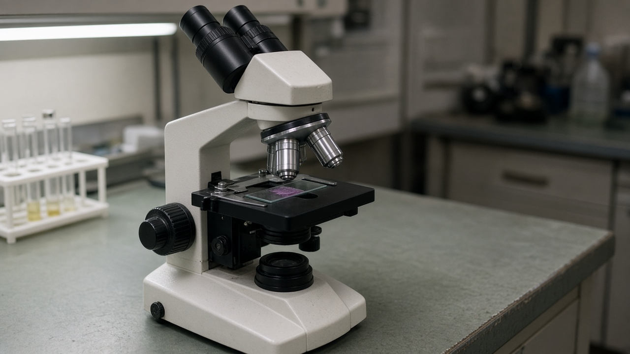 Laboratory microscope with glass pathology slide on stage, muted green bench surface, fluorescent overhead light, no logos or readable text