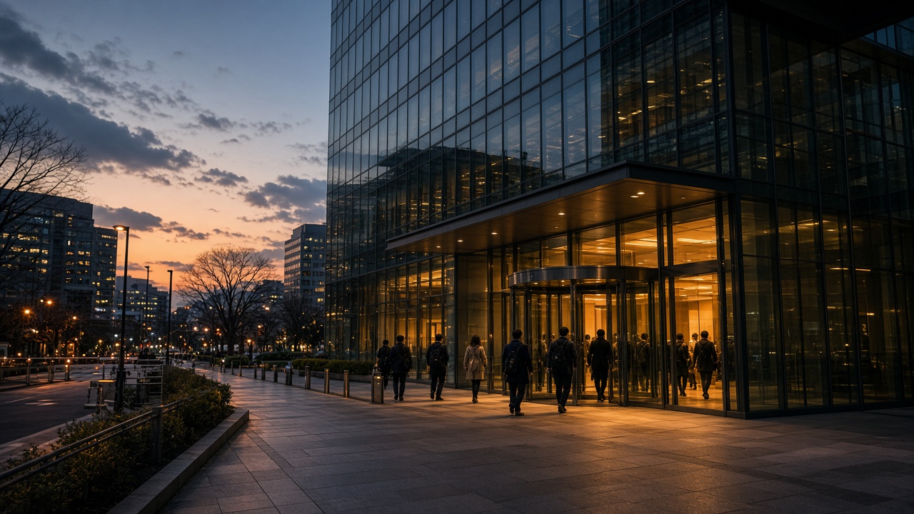 Japan's foreign ministry building in Tokyo at dusk with staff entering through glass doors under security lights